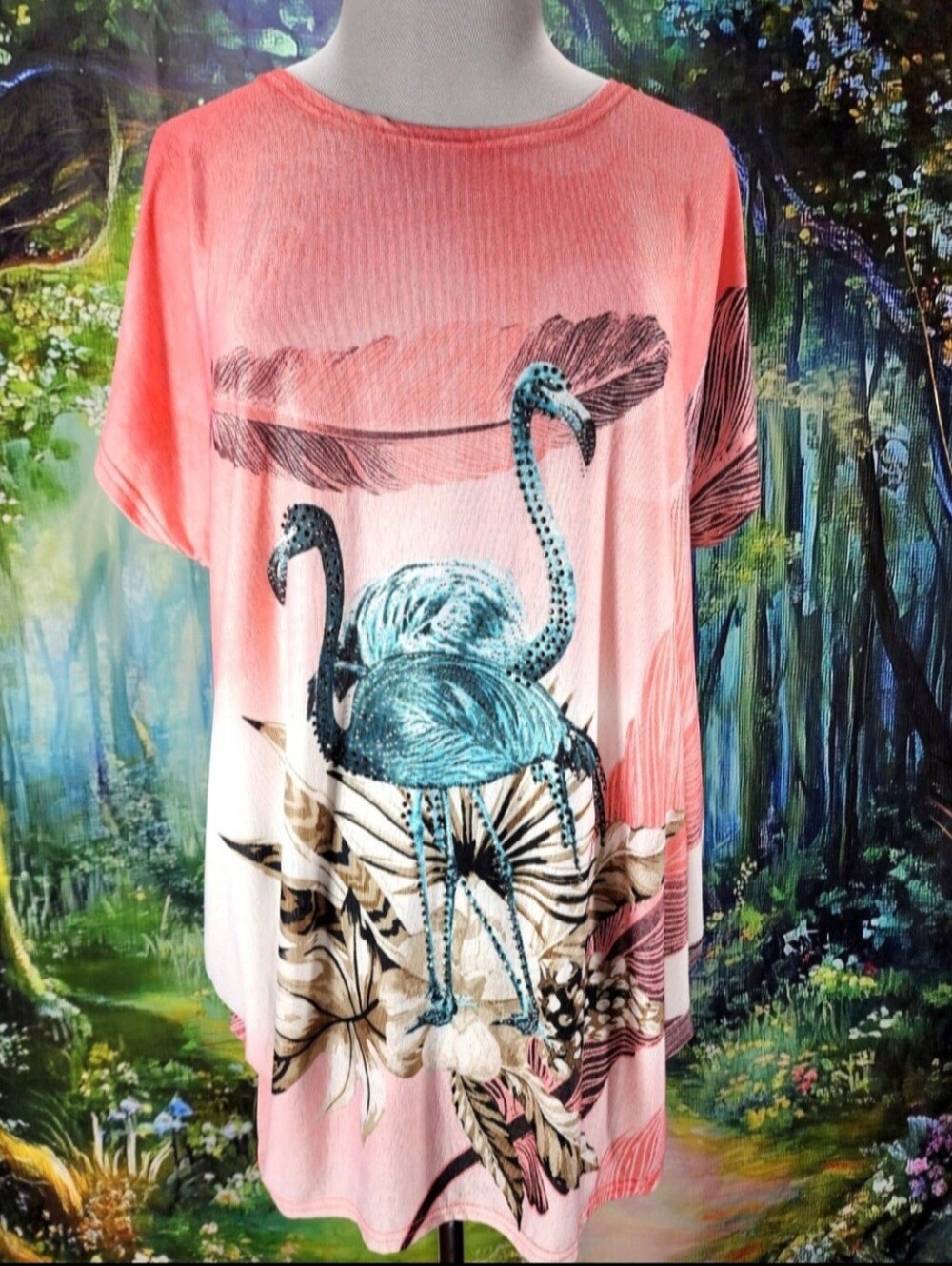 🩵🦩 FLAMINGO Jvini Naturecore Rhinestone BLING Ruched Graphic Tee ONE SIZE
